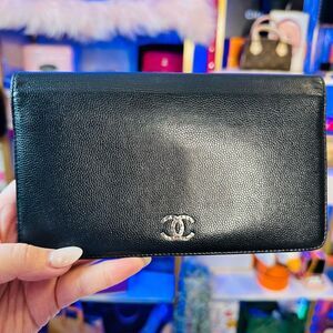 Chanel Bi-fold Long Black Silver Coco Caviar Leather 15 series Wallet Large Size